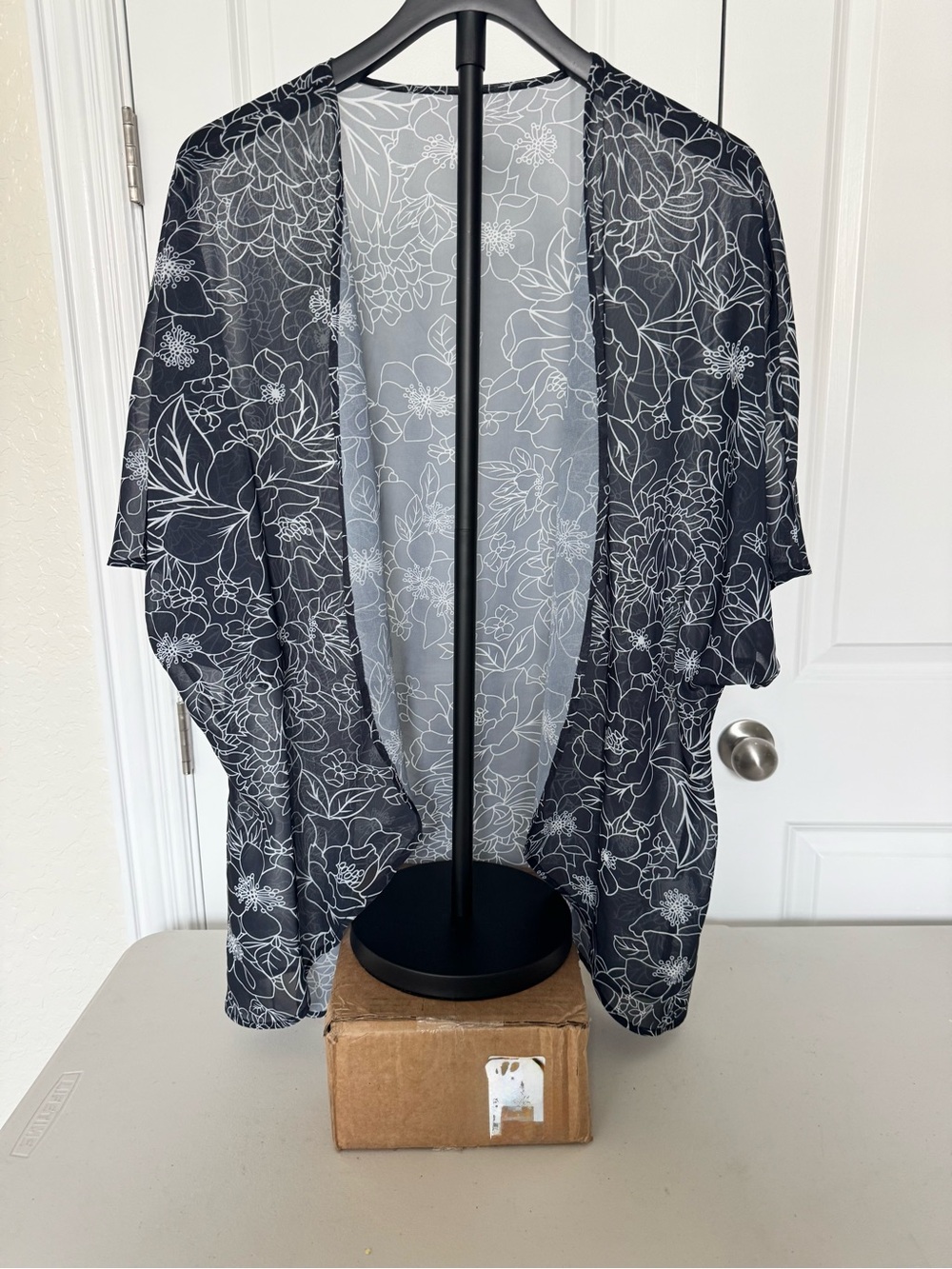 Sheer Floral Kimono Cover-Up in Black and White